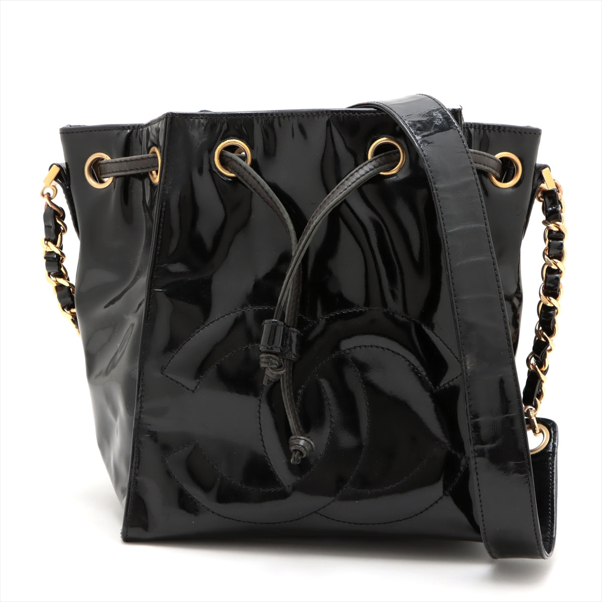 Sac seau vintage Chanel Coco en cuir vinyle noir