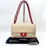 Chanel Punched Leather Flap Shoulder Bag Red Beige