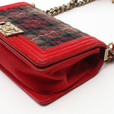 Chanel Boy Chanel Matelasse Chain Shoulder Bag Plaid Wool Velor Green Red Gold Hardware