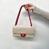 Chanel Punched Leather Flap Shoulder Bag Red Beige