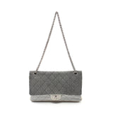 Chanel 2.55 Mademoiselle Chain Matelasse Double Flap Shoulder Bag Denim Dark Gray Light Blue Beige Silver Hardware