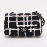 Chanel Matelasse 25 Tweed Double Flap Double Chain Bag Black Silver Metal Fittings