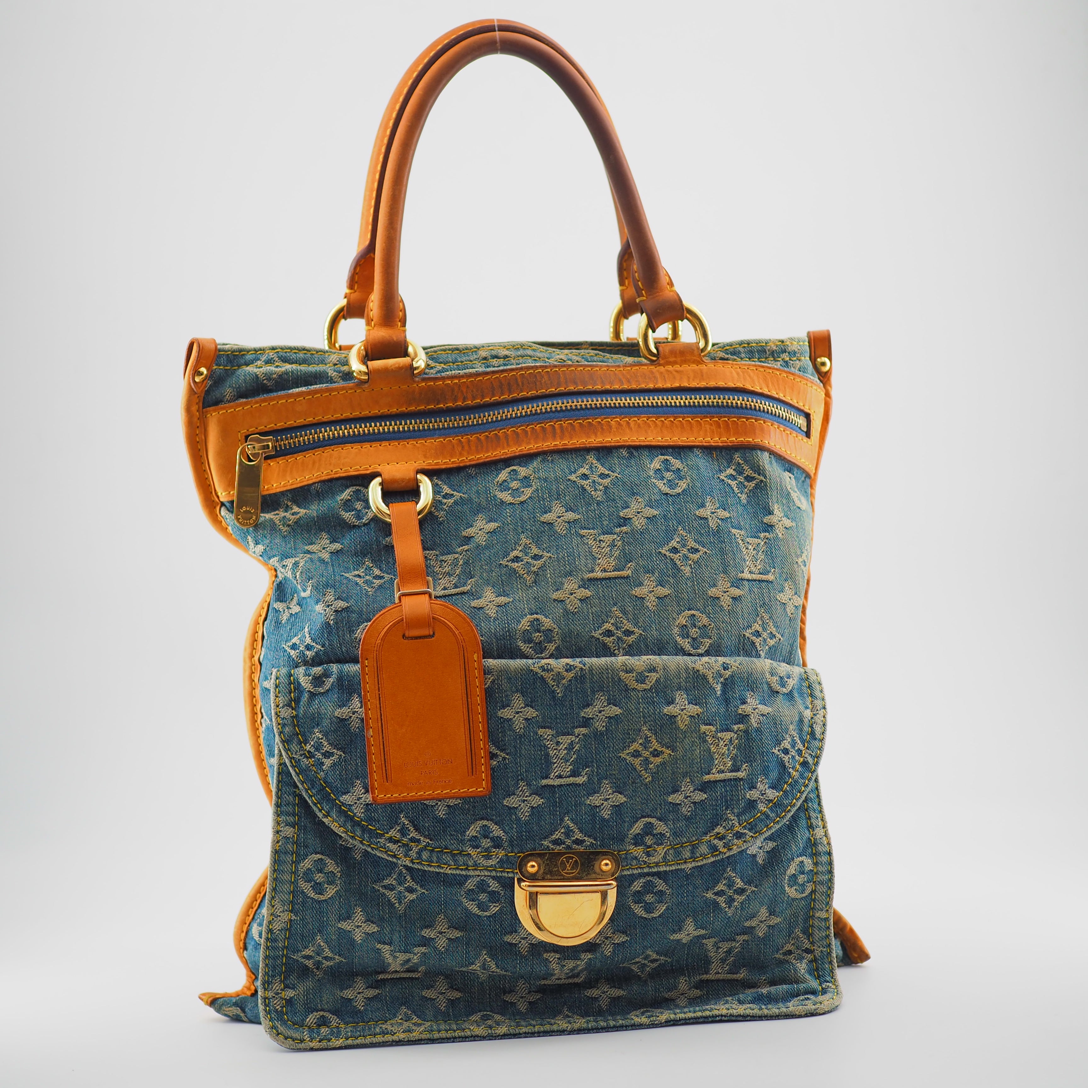 Sac à plat monogramme denim vintage Louis Vuitton bleu marron