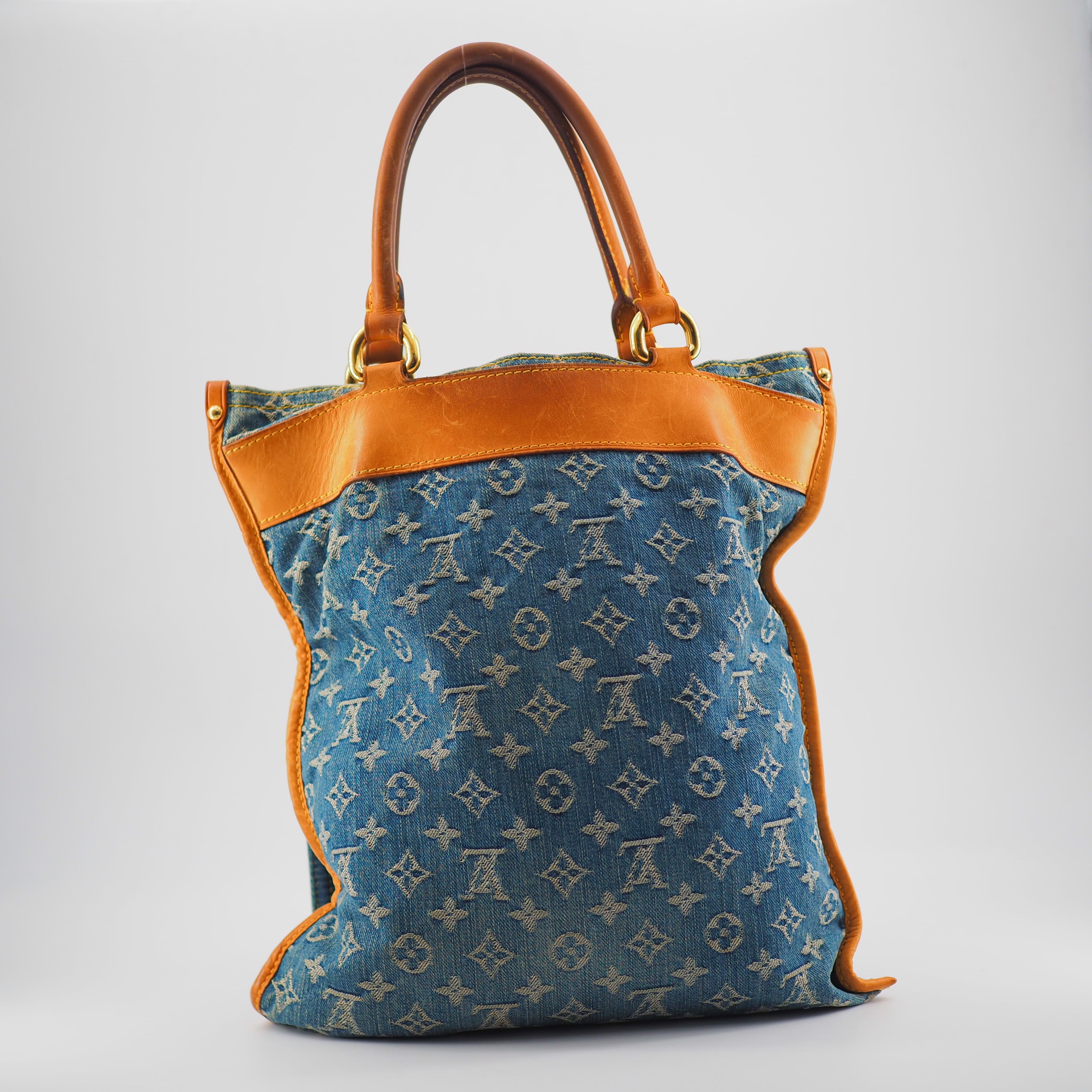 Sac à plat monogramme denim vintage Louis Vuitton bleu marron