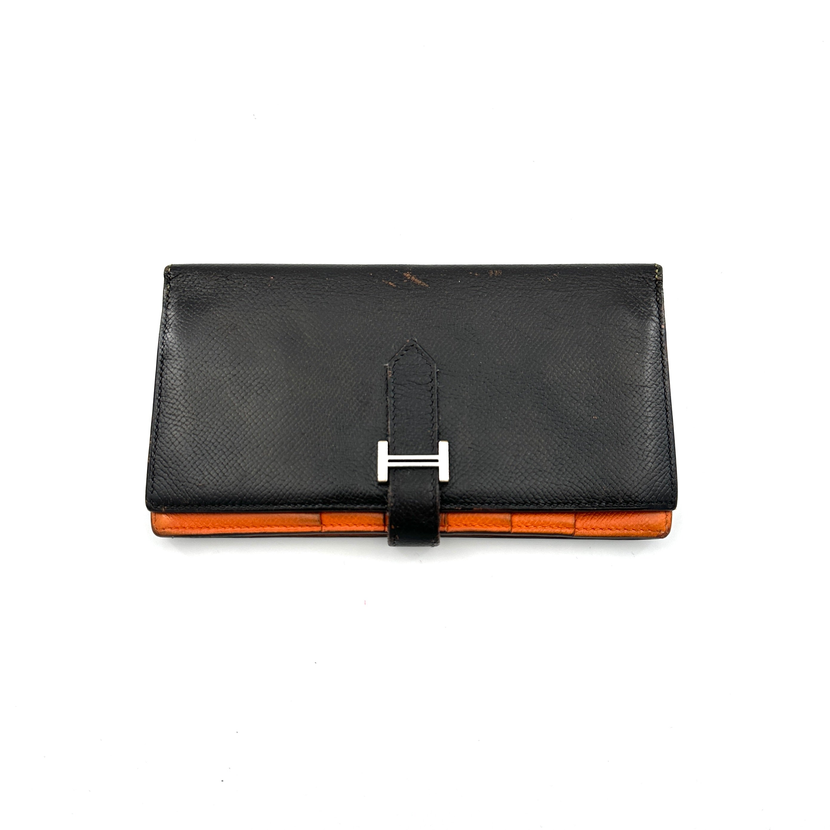 Portefeuille en cuir vintage Hermès Bane Souffle Black/Orange