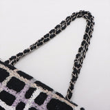 Chanel Matelasse 25 Tweed Double Flap Double Chain Bag Black Silver Metal Fittings