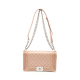 Chanel Boy Chanel Matelasse Chain Shoulder Bag Lambskin Pink Beige Silver Hardware