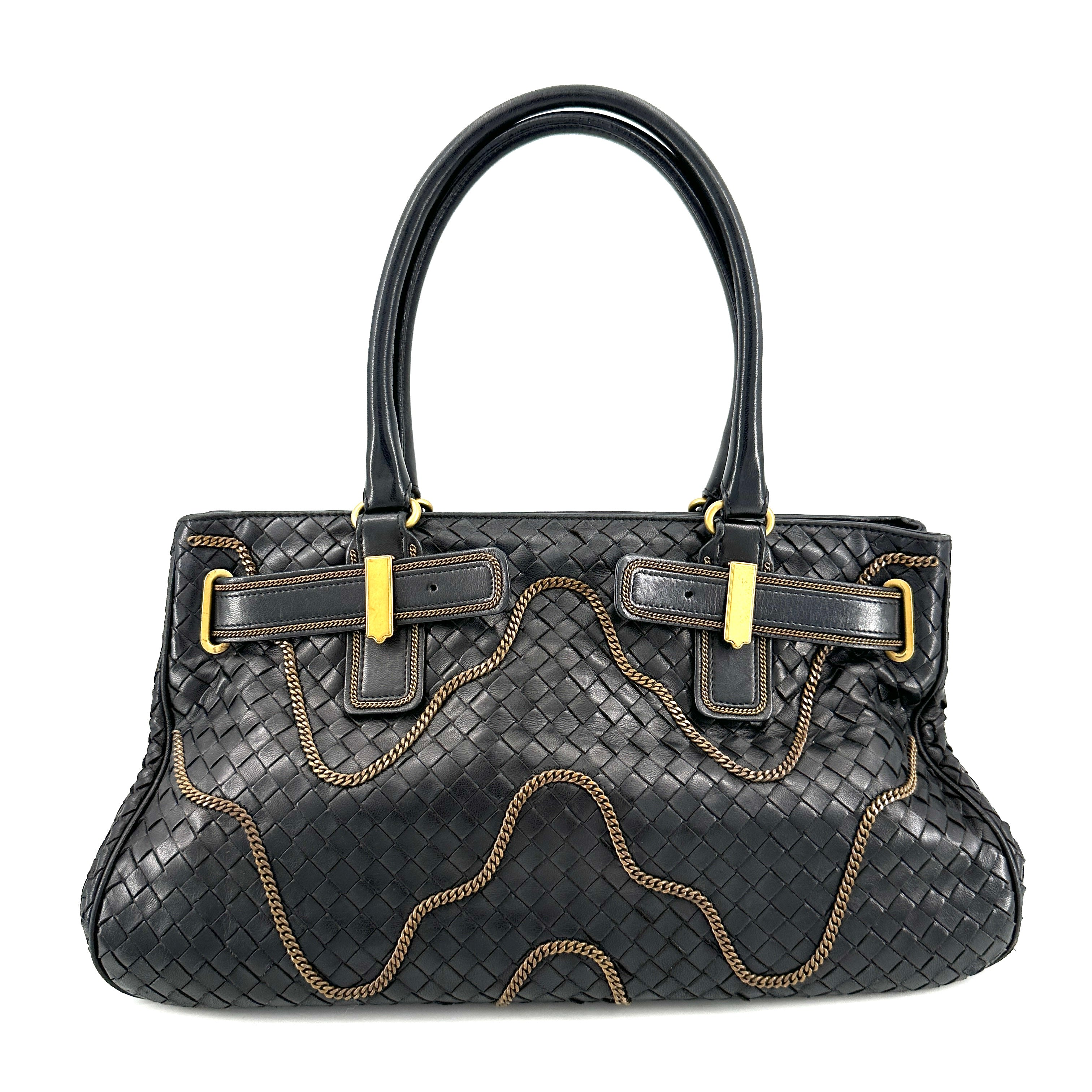 Sac à main vintage en cuir Intrecciato Bottega Veneta noir