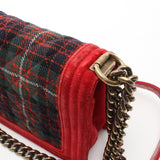 Chanel Boy Chanel Matelasse Chain Shoulder Bag Plaid Wool Velor Green Red Gold Hardware